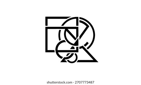 An abstract black and white graphic featuring interlocking geometric shapes, including a square, circles, and a triangle, creating a complex, modern symbol.