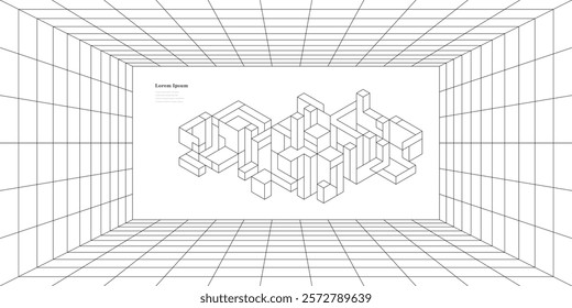 abstract black white grid lines. perspective buildings texture background. 3d wireframe pattern. architectural concept.