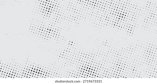 Fundo grunge preto e branco abstrato com padrão de meio-tom denso e textura de ruído para uso de design gráfico.