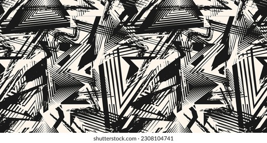 Abstract black and white grunge seamless pattern. Urban art texture with paint splashes, chaotic shapes, lines, dots, patches. Sport graffiti style vector background. Repeat funky sporty geo design