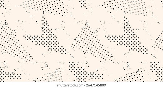 Abstract black and white grunge seamless pattern. Urban art texture with chaotic dirty shapes, dots, triangles, arrows. Monochrome halftone graffiti style vector background. Repeated design for print