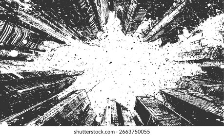 Abstractas textura grunge en blanco y negro de los edificios de la ciudad vistos desde abajo.