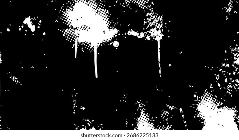 Abstractas textura grunge en blanco y negro con patrones de semitonos, salpicaduras y efectos de goteo que crean una visual angustiada y texturizada.