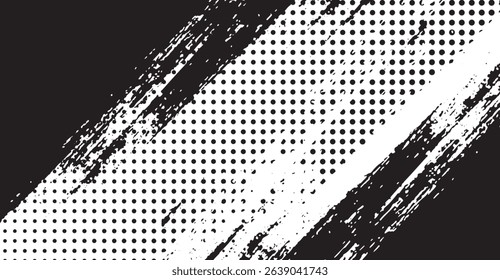Abstract Black and White Halftone and Brush Stroke Texture Background for Modern Design Projects and Creative Layouts that evoke Retro and Grunge Aesthetics