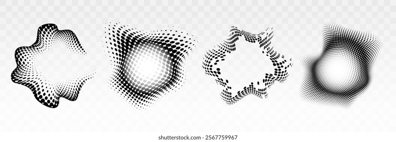 Abstract black and white halftone designs with wavy, distorted patterns. Halftone effects create dynamic, artistic visuals with abstract, wavy forms. Halftone shapes, element vector set.