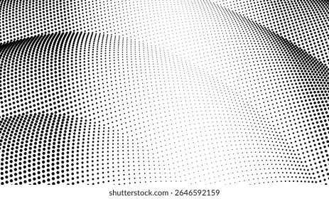 Abstract black and white halftone dot pattern. Optical illusion with distorted perspective. Modern tech art for digital background.