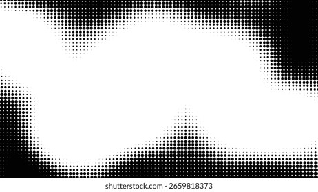 Abstractas patrón de punto semitono blanco y negro con bordes superiores e inferiores ondulados y espacio blanco central. Ilustración vectorial

