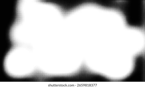 Abstractas patrón de punto semitono blanco y negro con bordes superiores e inferiores ondulados y espacio blanco central. Ilustración vectorial
