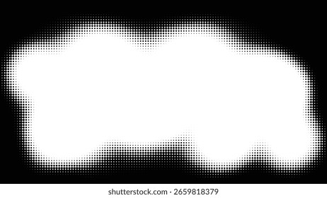 Abstractas patrón de punto semitono blanco y negro con bordes superiores e inferiores ondulados y espacio blanco central. Ilustración vectorial
