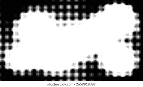Abstractas patrón de punto semitono blanco y negro con bordes superiores e inferiores ondulados y espacio blanco central. Ilustración vectorial
