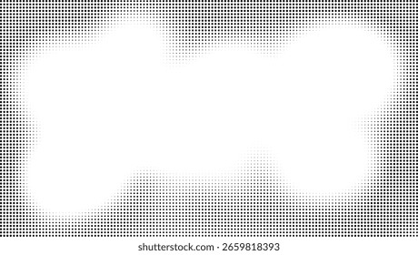 Abstractas patrón de punto semitono blanco y negro con bordes superiores e inferiores ondulados y espacio blanco central. Ilustración vectorial
