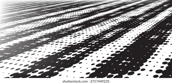 Abstractas patrón de puntos semitonos en blanco y negro con líneas de perspectiva dinámicas que crean un efecto visual moderno y de alto contraste. Adecuado para fondos, carteles, Anuncios, marca, diseño editorial y proyectos gráficos contemporáneos.