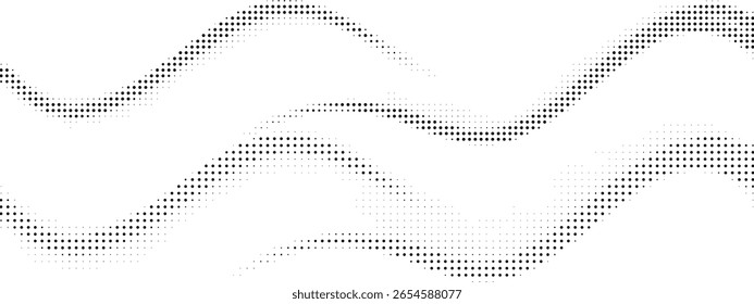 Abstract black and white halftone dots forming wavy lines and curves on a clean background