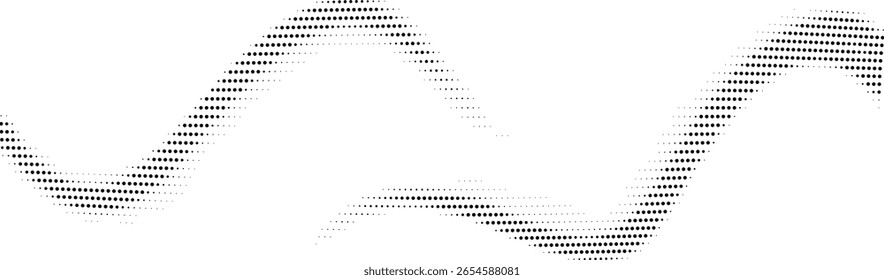 Abstract black and white halftone dots forming a wavy line pattern across a clean background