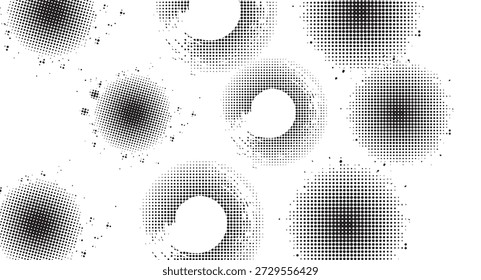 Abstractas textura grunge de semitonos en blanco y negro con Formas circulares afligidas, perfecta para fondos y superposiciones de Diseño gráfico retro