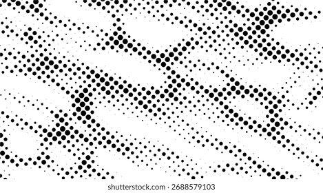 Abstractas patrón de semitono en blanco y negro con líneas diagonales formadas por círculos de diferentes tamaños sobre un fondo blanco limpio, creando un efecto dinámico y texturizado para diseños modernos