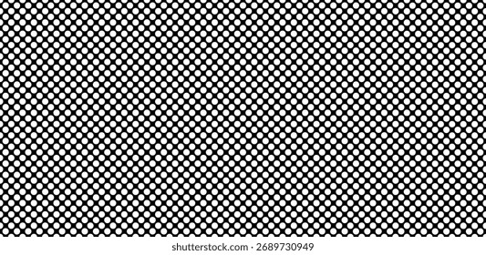 Abstract black and white halftone pattern background with evenly spaced circles forming geometric patterns, suitable for modern graphic design, digital art composition.
