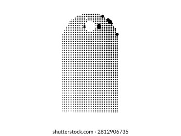 Abstract black and white halftone pattern. Vector graphic of tall arched building, small top details. Stylized design element, modern graphic art, architectural concept.
