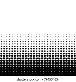 Abstract black and white halftone seamless border. Dotted backdrop from heart dots. Retro effect border for web banners, posters, wallpapers, wedding, birthday and valentines cards with text place.