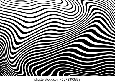 Abstract Black and White Halftone Wavy Lines Pattern with 3D Illusion Effect. Vector Art.