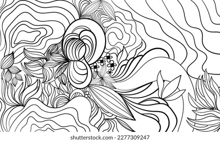 abstract black white hand draw floral  art vector background