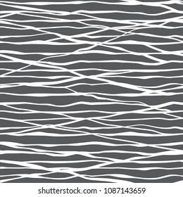 Abstract black and white hand drawn stripes lines waves seamless pattern. Ocean sea water texture. Striped minimalistic monochrome background. Vector wavy decorative design for textile print wallpaper
