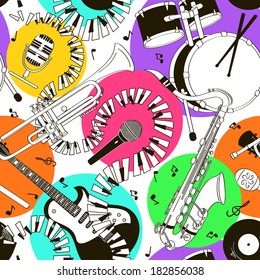 Abstract black and white hand drawn doodle seamless pattern of musical instruments on a colorful background