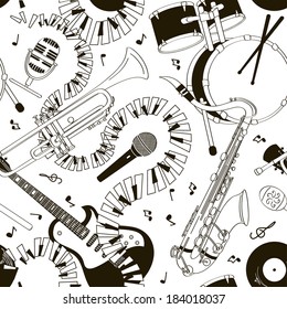 Abstract black and white hand drawn doodle seamless pattern of musical instruments