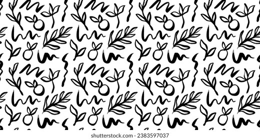 Abstract black and white hand drawn seamless pattern illustration of line doodles. Nature background design with flower, leaf and fruits.