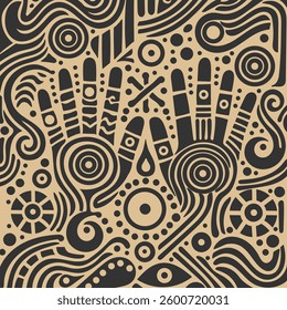 Abstract black and white hand drawn pattern with ethnic motifs.