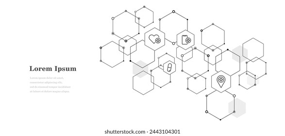 hexágono blanco negro abstracto, fondo del modelo del icono del cuidado de la salud, tecnología científica, concepto médico