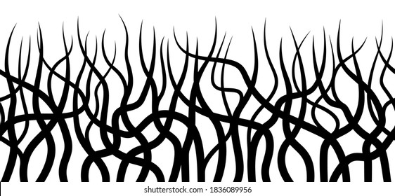 Abstract black and white horizontal seamless background. Root pattern with curved lines