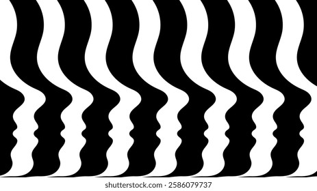 Abstract black and white human side profiles in wavy stripes pattern. Background. Concept of optical illusion, minimalist, uniformity, sameness, crowd, people, unity, psychedelic design, surreal faces