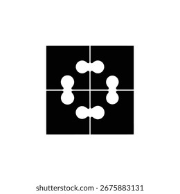 An abstract black and white icon composed of four interconnected puzzle pieces arranged in a square. This symbol represents connection, problem-solving, and unity, isolated on white.