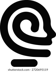 Abstract black and white icon of a human head with a spiral pattern inside, representing thought processes or communication