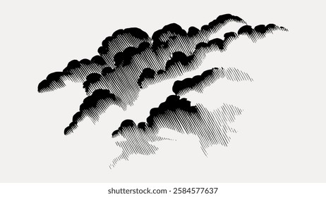 Abstract black and white illustration of clouds with striped patterns. Artistic clouds create a dynamic visual. Clouds and stripes form a unique design. Vintage art illustration, vector.