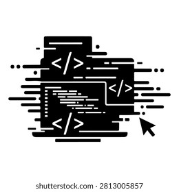 Abstract black and white illustration of coding symbols and computer screen representing programming and software development.