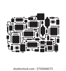 Abstract black and white illustration of a computer motherboard with various components