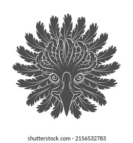 Abstract black and white illustration with eagle head and feathers. Isolated vector object on white background.