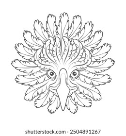 Abstract black and white illustration with eagle head and feathers. Isolated vector object on white background.