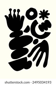 Abstract black and white illustration featuring organic shapes and playful elements, perfect for modern art lovers, unique wall decor, and creative design projects.