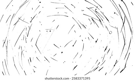 An abstract black and white illustration featuring swirling lines and dots, creating a sense of motion and depth. The design is chaotic yet harmonious, suitable for modern art themes.