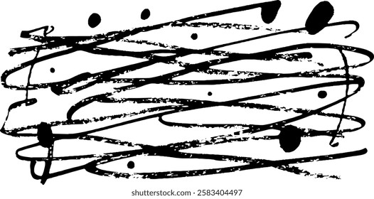 An abstract black and white illustration featuring chaotic, overlapping lines and splatters, creating a dynamic and energetic visual effect.