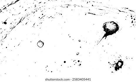 An abstract black and white illustration featuring various ink splatters and shapes on a white background, creating a dynamic and artistic composition.