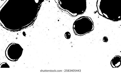 An abstract black and white illustration featuring various sizes of circular shapes resembling droplets or bubbles, set against a white background.