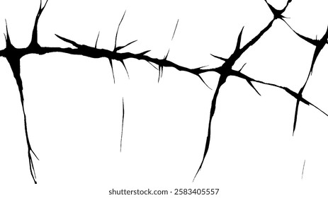 An abstract black and white illustration featuring jagged, thorn-like shapes resembling cracks or branches against a white background.