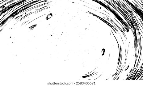 An abstract black and white illustration featuring swirling lines and splatters, creating a dynamic and energetic effect.