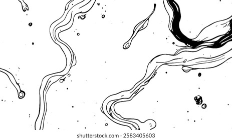 An abstract black and white illustration featuring flowing lines and shapes resembling liquid or organic forms, set against a white background.