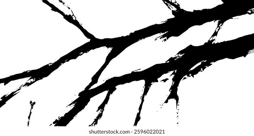 An abstract black and white illustration featuring jagged, branching lines resembling tree branches or cracks. The stark contrast creates a dramatic visual effect against a white background.