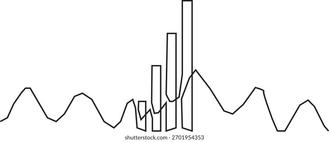 Una ilustración abstracta en blanco y negro con una línea ondulada fluctuante superpuesta con una serie de barras de Vertical, que sugiere la visualización de datos o un gráfico científico.
